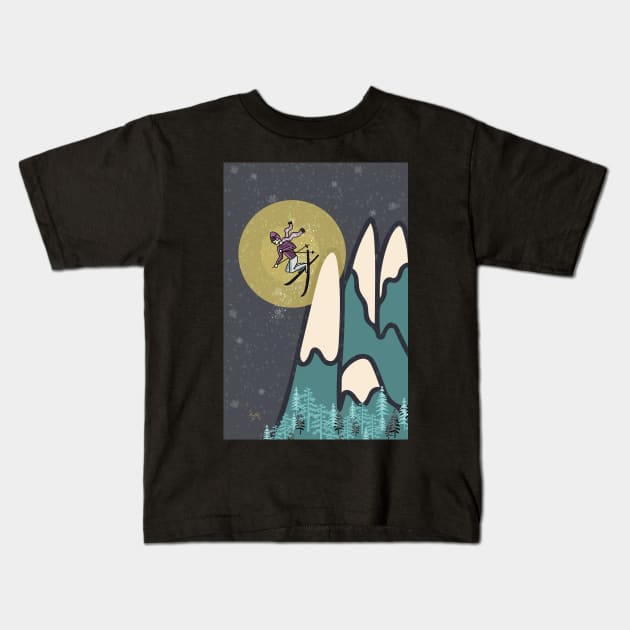 Freestyle woman skier on snowy mountain at night Kids T-Shirt by Ipoole